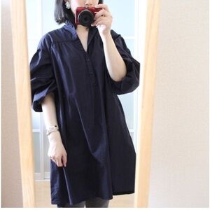 UNIQLO X TOMAS MAIER Cotton Poplin Gathered Long Sleeve Babydoll Dress Navy XS